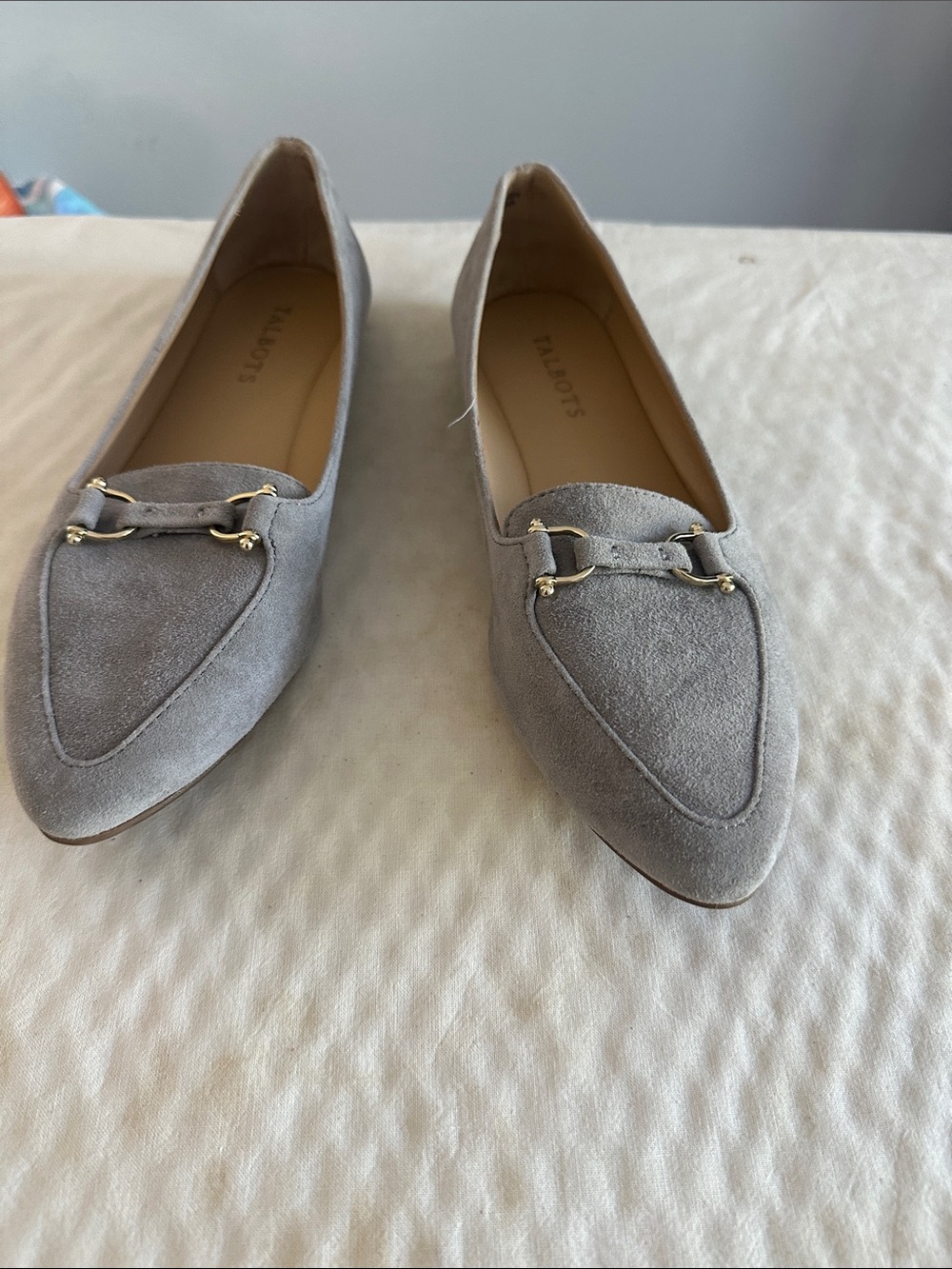 Talbots Light Grey Suede Pointed-Toe Loafers with Gold Bit